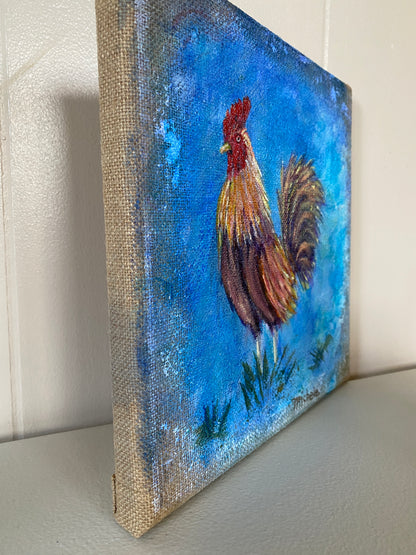Roo A - Rooster #1 - 10" x 10" x 5/8" Burlap Canvas