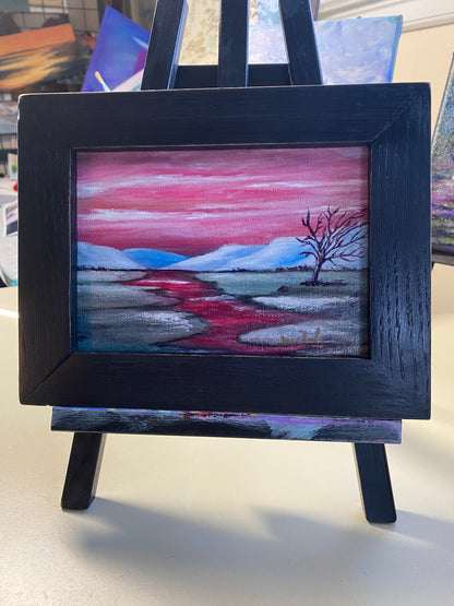 Lone Tree #1 - Mini Oil on canvas board - in recycled frame 7" x 9"
