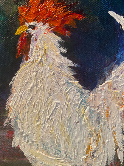 Roo O - White Rooster - 8 x 8 - Oil on canvas
