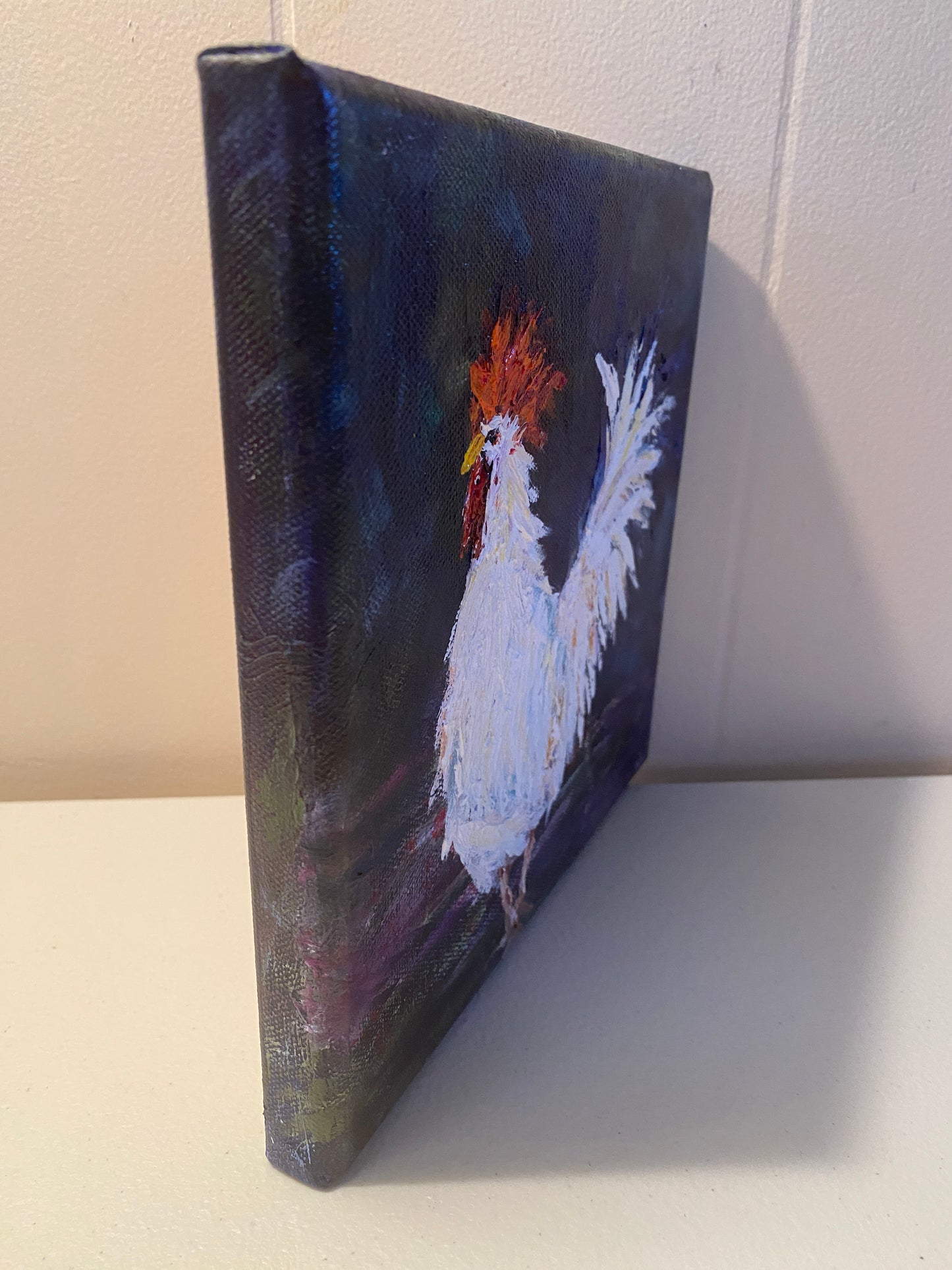 Roo O - White Rooster - 8 x 8 - Oil on canvas