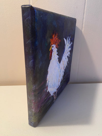 Roo O - White Rooster - 8 x 8 - Oil on canvas