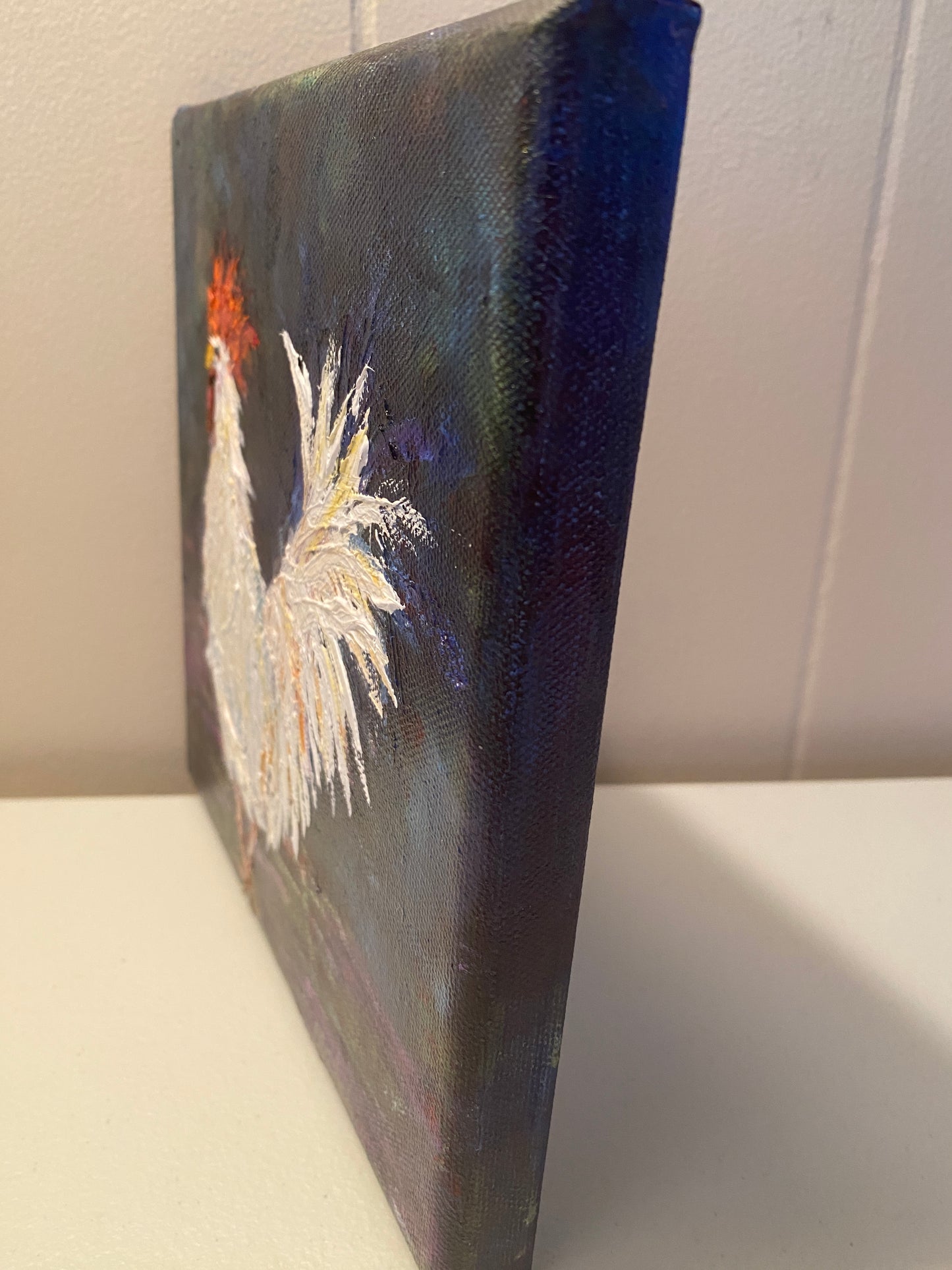 Roo O - White Rooster - 8 x 8 - Oil on canvas