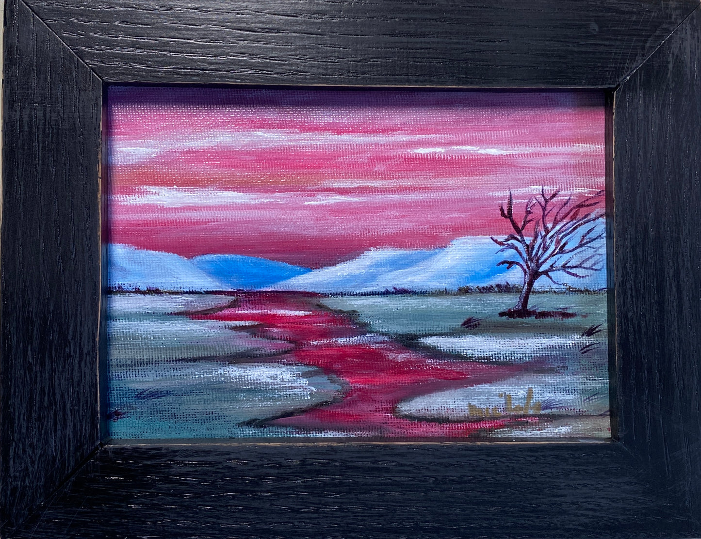 Lone Tree #1 - Mini Oil on canvas board - in recycled frame 7" x 9"