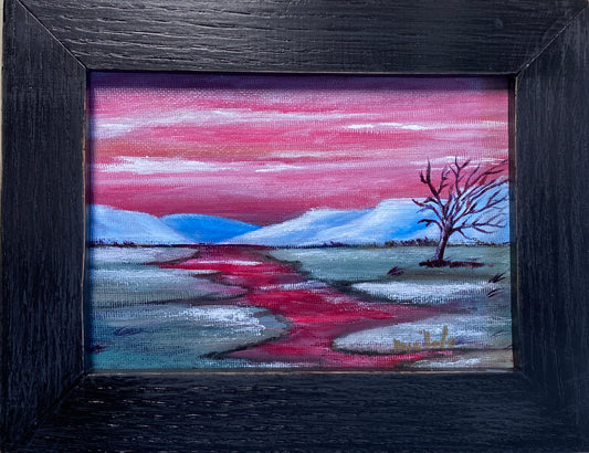 Lone Tree #1 - Mini Oil on canvas board - in recycled frame 7" x 9"