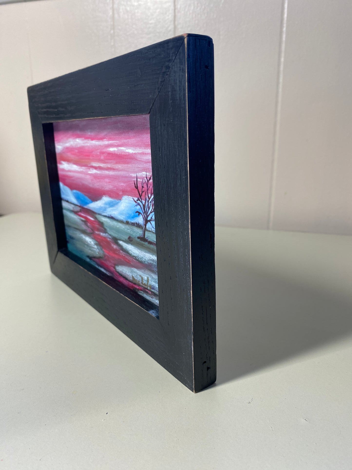 Lone Tree #1 - Mini Oil on canvas board - in recycled frame 7" x 9"