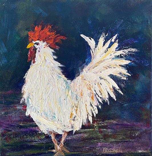 Roo O - White Rooster - 8 x 8 - Oil on canvas